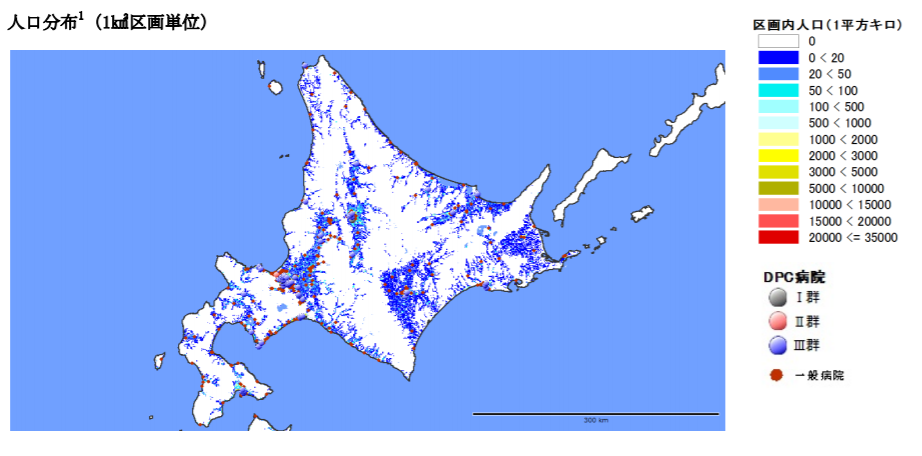 日医総研のワーキングペーパーでは、人口分布を地図上に示すなど、情報が分かりやすく提示されている
