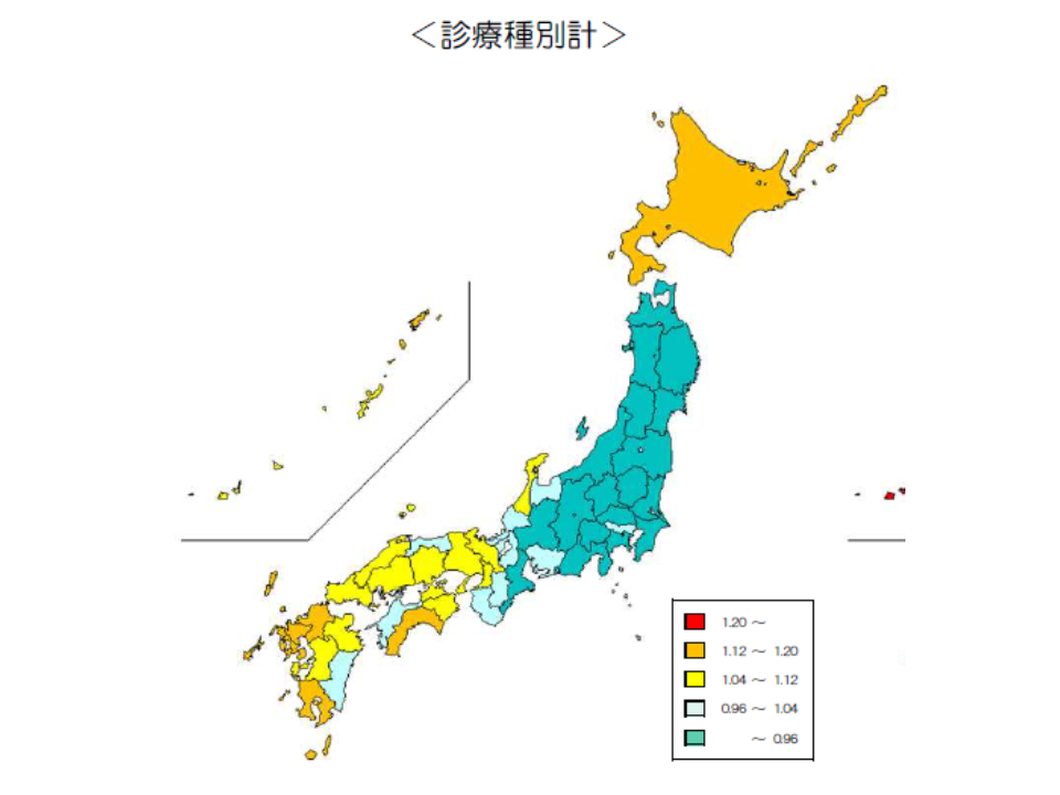 市町村国保＋後期高齢者医療における都道府県別の「年齢調整後の1人当たり医療費」をマップ化したもの。西日本と北海道で高く、東日本で低い