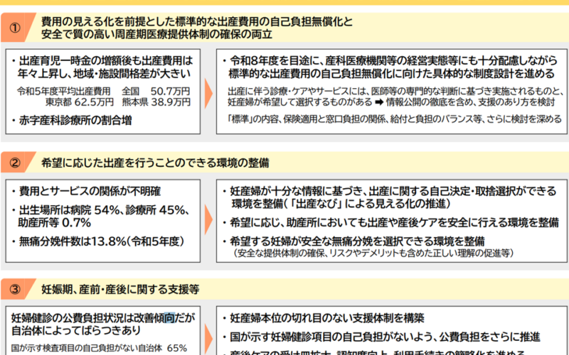 2026年度目途に「標準的な出産費用の自己負担」を無償化、産科医療機関等の経営実態等にも配慮を—出産関連検討会